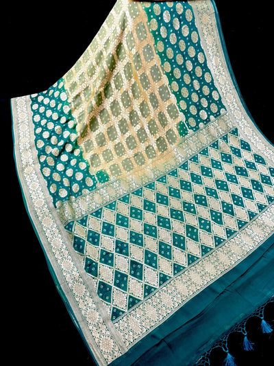 Mint Green and Teal Color Pure Khaddi Georgette Silk Bandhej Bandhani Saree SILK MARK CERTIFIED - Kaash