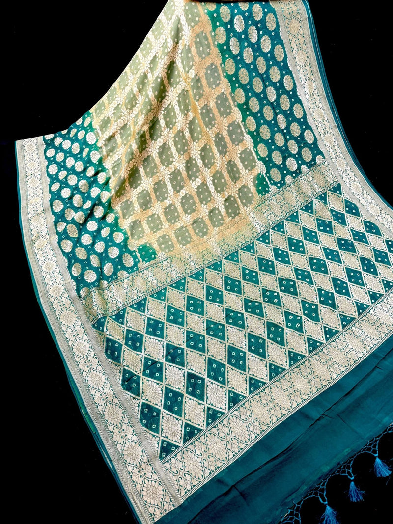 Mint Green and Teal pure khaddi georgette silk saree with bandhej (bandhani) handwoven — Kaash Collection