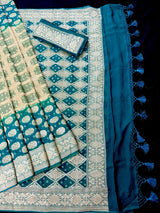 Mint Green and Teal pure khaddi georgette silk saree with bandhej (bandhani) handwoven — Kaash Collection