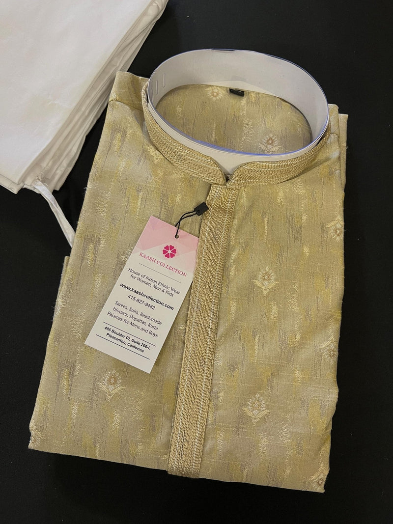 Moss Green men's kurta pajama in jute silk with diya pattern with small zari weave — Kaash Collection