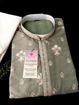 Moss Green Soft Silk Men Kurta Pajama with Embroidery and Zari Weave - Kaash