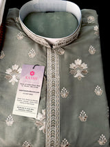 Moss Green Soft Silk Men Kurta Pajama with Embroidery and Zari Weave - Kaash