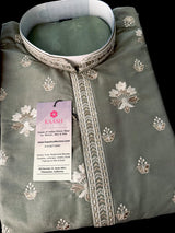 Moss Green Soft Silk Men Kurta Pajama with Embroidery and Zari Weave - Kaash