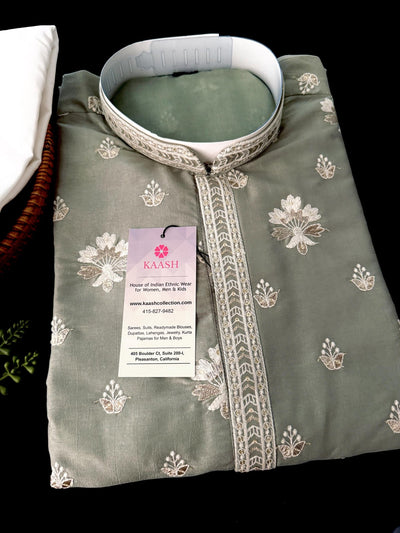 Moss Green Soft Silk Men Kurta Pajama with Embroidery and Zari Weave - Kaash