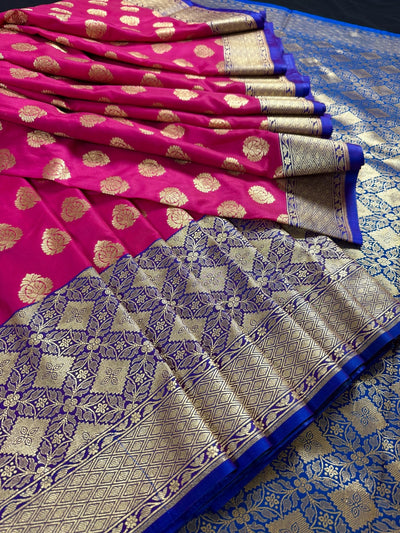 Muave Pink with Blue Border Banarasi saree in banarasi soft silk with wide 8.5" blue border with soft drape — Kaash Collection