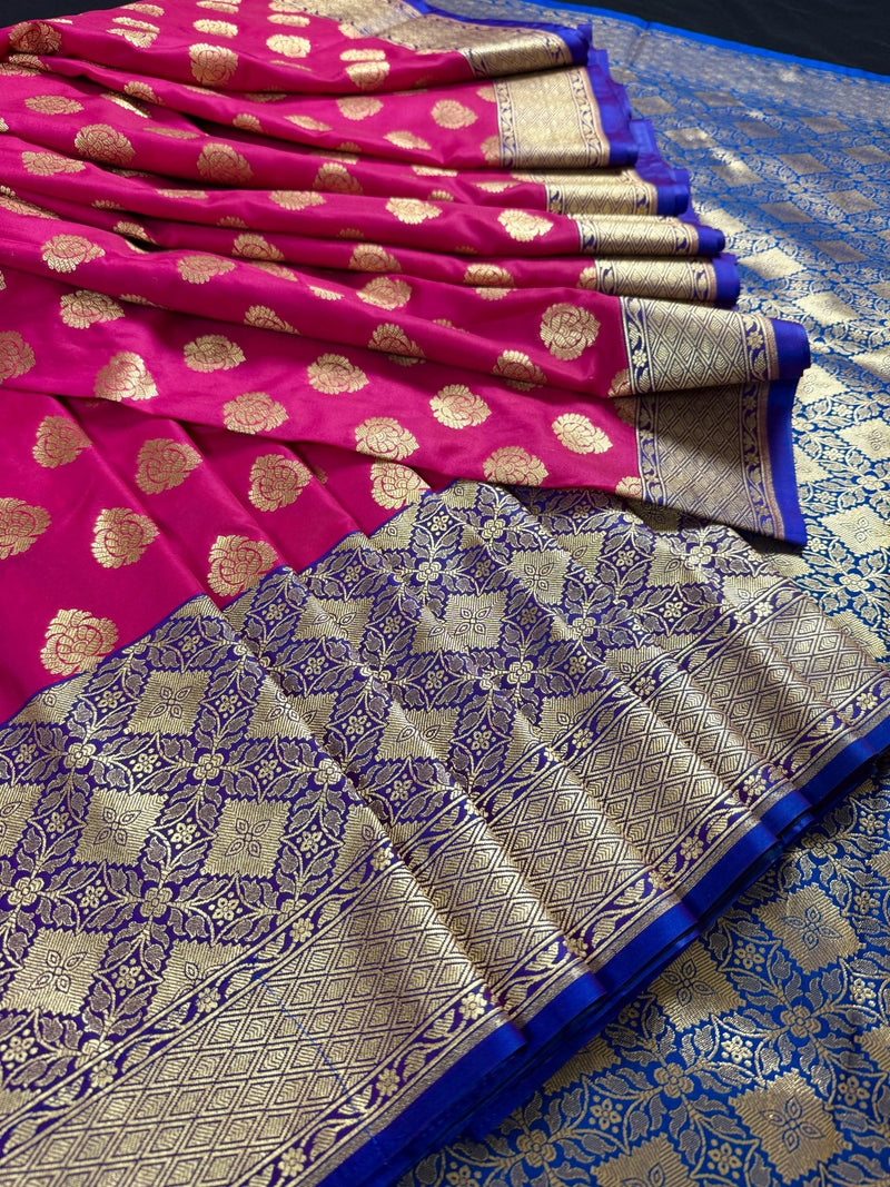 Muave Pink with Blue Border Banarasi saree in banarasi soft silk with wide 8.5" blue border with soft drape — Kaash Collection