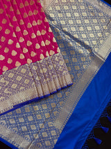 Muave Pink with Blue Border Banarasi saree in banarasi soft silk with wide 8.5" blue border with soft drape — Kaash Collection