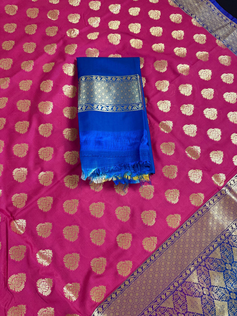 Muave Pink Color Saree with Blue Color Border and Pallu | Traditional Banarasi Handloom Silk Saree with Wide Border - Kaash