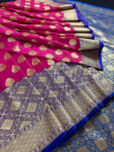 Muave Pink Color Saree with Blue Color Border and Pallu | Traditional Banarasi Handloom Silk Saree with Wide Border - Kaash