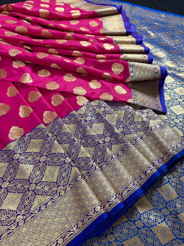 Muave Pink Color Saree with Blue Color Border and Pallu | Traditional Banarasi Handloom Silk Saree with Wide Border - Kaash