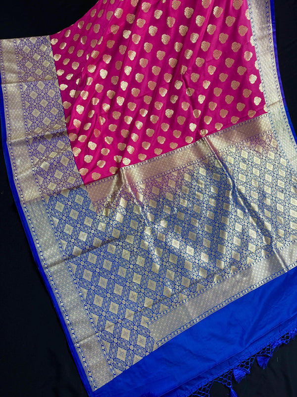 Muave Pink Color Saree with Blue Color Border and Pallu | Traditional Banarasi Handloom Silk Saree with Wide Border - Kaash