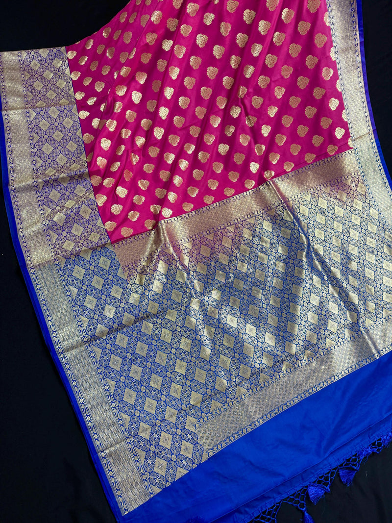 Muave Pink Color Saree with Blue Color Border and Pallu | Traditional Banarasi Handloom Silk Saree with Wide Border - Kaash