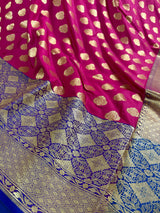 Muave Pink Color Saree with Blue Color Border and Pallu | Traditional Banarasi Handloom Silk Saree with Wide Border - Kaash