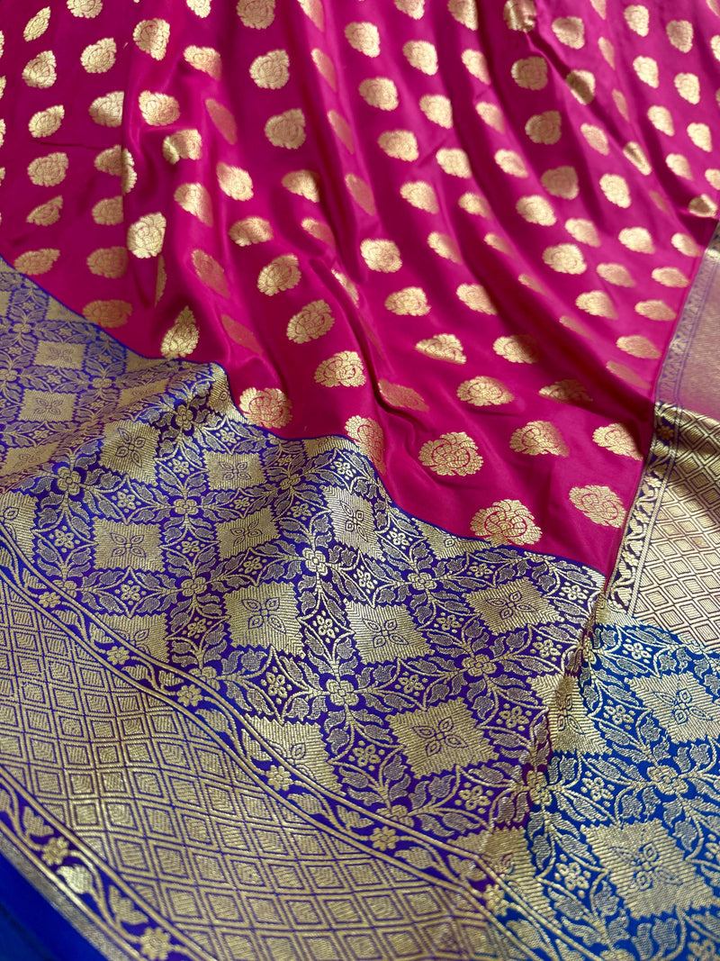 Muave Pink Color Saree with Blue Color Border and Pallu | Traditional Banarasi Handloom Silk Saree with Wide Border - Kaash