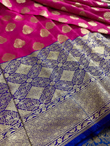 Muave Pink Color Saree with Blue Color Border and Pallu | Traditional Banarasi Handloom Silk Saree with Wide Border - Kaash