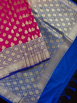 Muave Pink Color Saree with Blue Color Border and Pallu | Traditional Banarasi Handloom Silk Saree with Wide Border - Kaash
