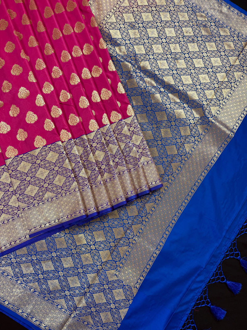 Muave Pink Color Saree with Blue Color Border and Pallu | Traditional Banarasi Handloom Silk Saree with Wide Border - Kaash