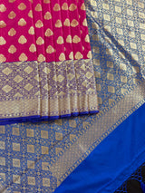 Muave Pink Color Saree with Blue Color Border and Pallu | Traditional Banarasi Handloom Silk Saree with Wide Border - Kaash
