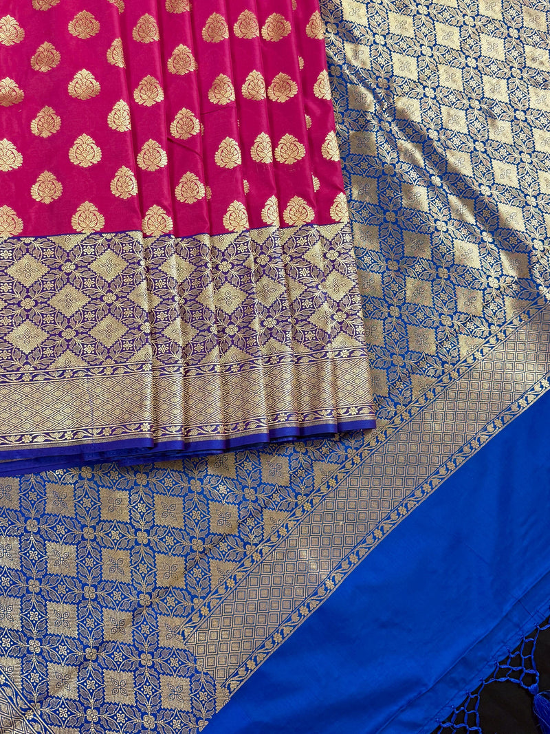 Muave Pink Color Saree with Blue Color Border and Pallu | Traditional Banarasi Handloom Silk Saree with Wide Border - Kaash