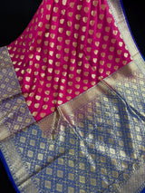 Muave Pink Color Saree with Blue Color Border and Pallu | Traditional Banarasi Handloom Silk Saree with Wide Border - Kaash