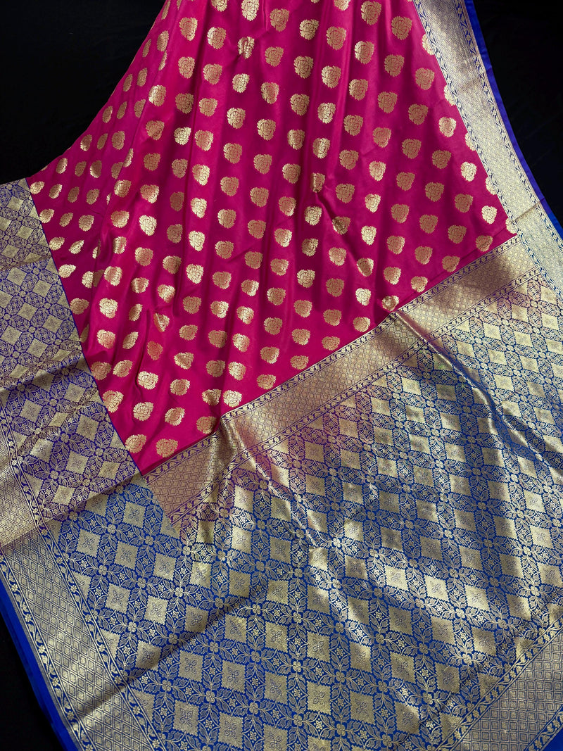 Muave Pink Color Saree with Blue Color Border and Pallu | Traditional Banarasi Handloom Silk Saree with Wide Border - Kaash