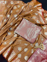 Mud Gold Banarasi Semi Katan saree in banarasi semi katan silk with meenakari borders with golden zari — Kaash Collection