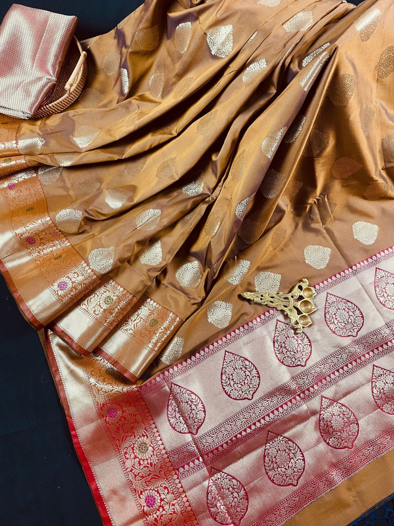 Mud Gold Banarasi Semi Katan saree in banarasi semi katan silk with meenakari borders with golden zari — Kaash Collection