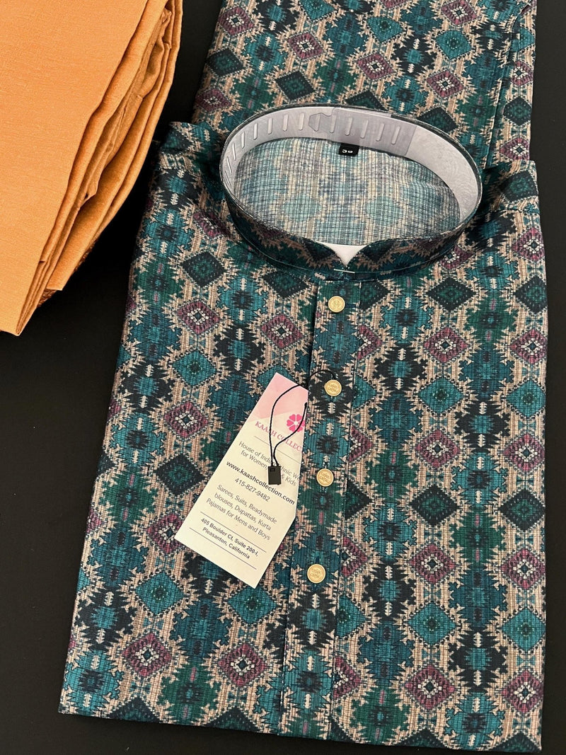 Multi-Color Ikkat (Bottle Green Base) men's kurta pajama in soft silk (crepe-like) with ikkat digital print — Kaash Collection