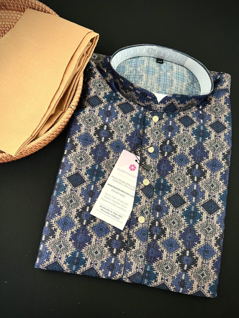 Multi-Color Ikkat (Dark Blue Base) men's kurta pajama in soft silk (crepe-like) with ikkat digital print — Kaash Collection