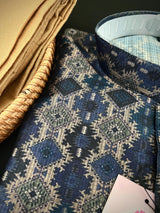Multi-Color Ikkat (Dark Blue Base) men's kurta pajama in soft silk (crepe-like) with ikkat digital print — Kaash Collection