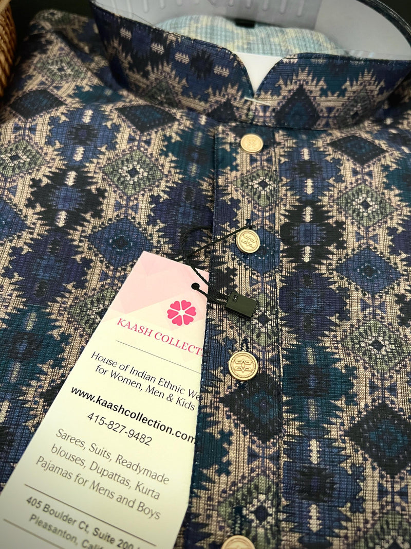 Multi Color Soft Men Kurta in Ikkat Digital Prints with Dark Blue Base | Soft Silk Kurta for Men | Men Ethnic Wear - Kaash