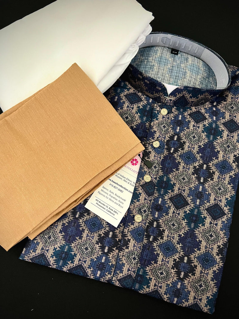 Multi Color Soft Men Kurta in Ikkat Digital Prints with Dark Blue Base | Soft Silk Kurta for Men | Men Ethnic Wear - Kaash