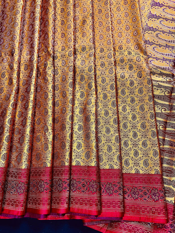 Mustard Gold Pure Banarasi Jamawar Tanchoi Saree with Red Borders and Pallu | Silk Mark Certified | Handwoven Saree - Kaash