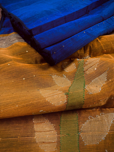 Mustard Yellow & Deep Blue Silk Cotton Sequin saree in silk cotton with tiny sequin & thread work with gicha panels — Kaash Collection