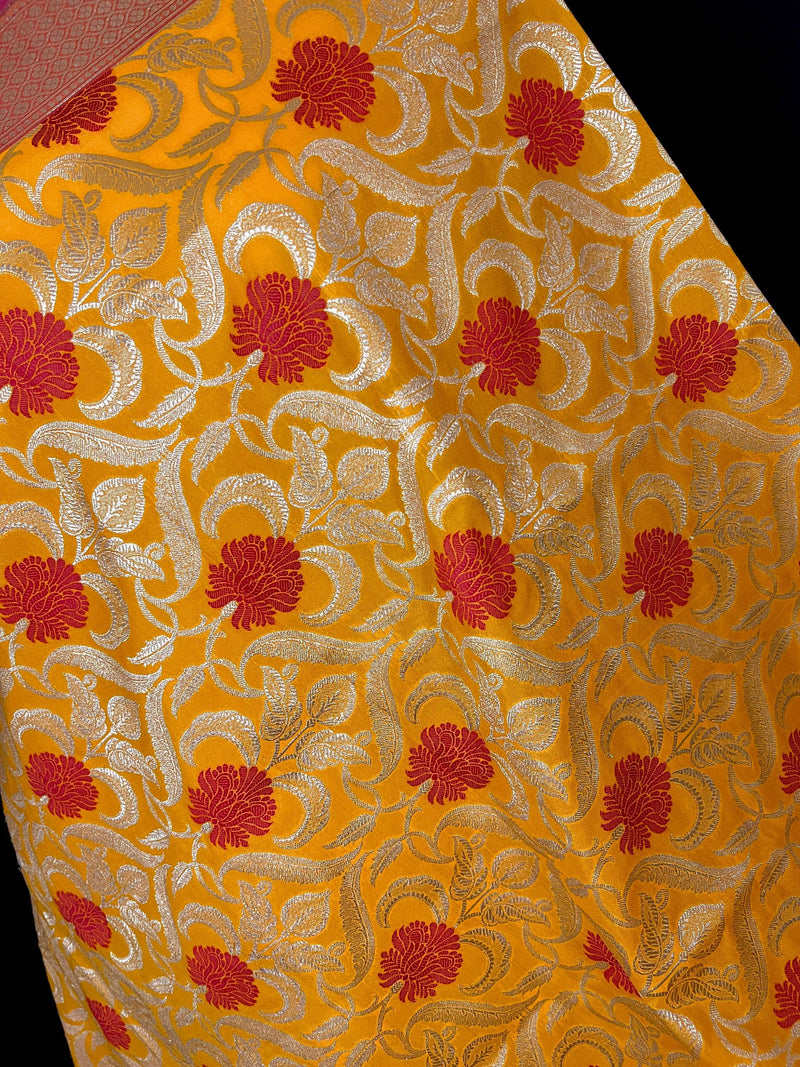 Mustard Yellow Color Floral Jaal Banarasi Silk Dupatta | Meenakari Red Color Flowers with Grand Borders | Floral Dupatta | Benarasi Dupatta - Kaash