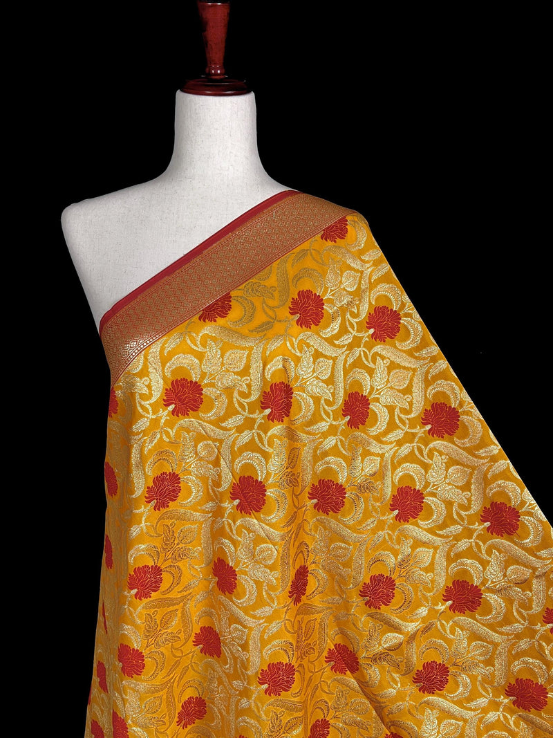 Mustard Yellow Color Floral Jaal Banarasi Silk Dupatta | Meenakari Red Color Flowers with Grand Borders | Floral Dupatta | Benarasi Dupatta - Kaash