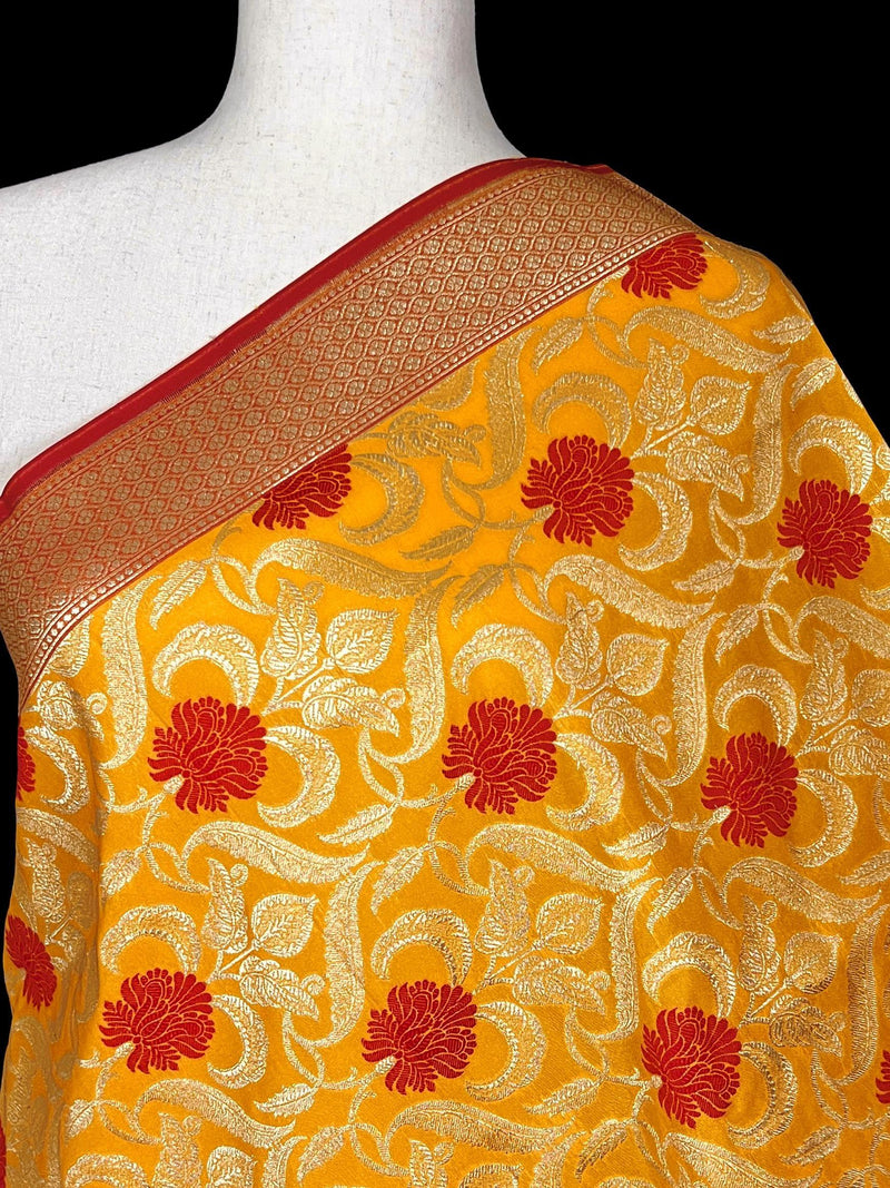 Mustard Yellow Color Floral Jaal Banarasi Silk Dupatta | Meenakari Red Color Flowers with Grand Borders | Floral Dupatta | Benarasi Dupatta - Kaash