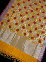 Mustard Yellow Color Floral Jaal Banarasi Silk Dupatta | Meenakari Red Color Flowers with Grand Borders | Floral Dupatta | Benarasi Dupatta - Kaash