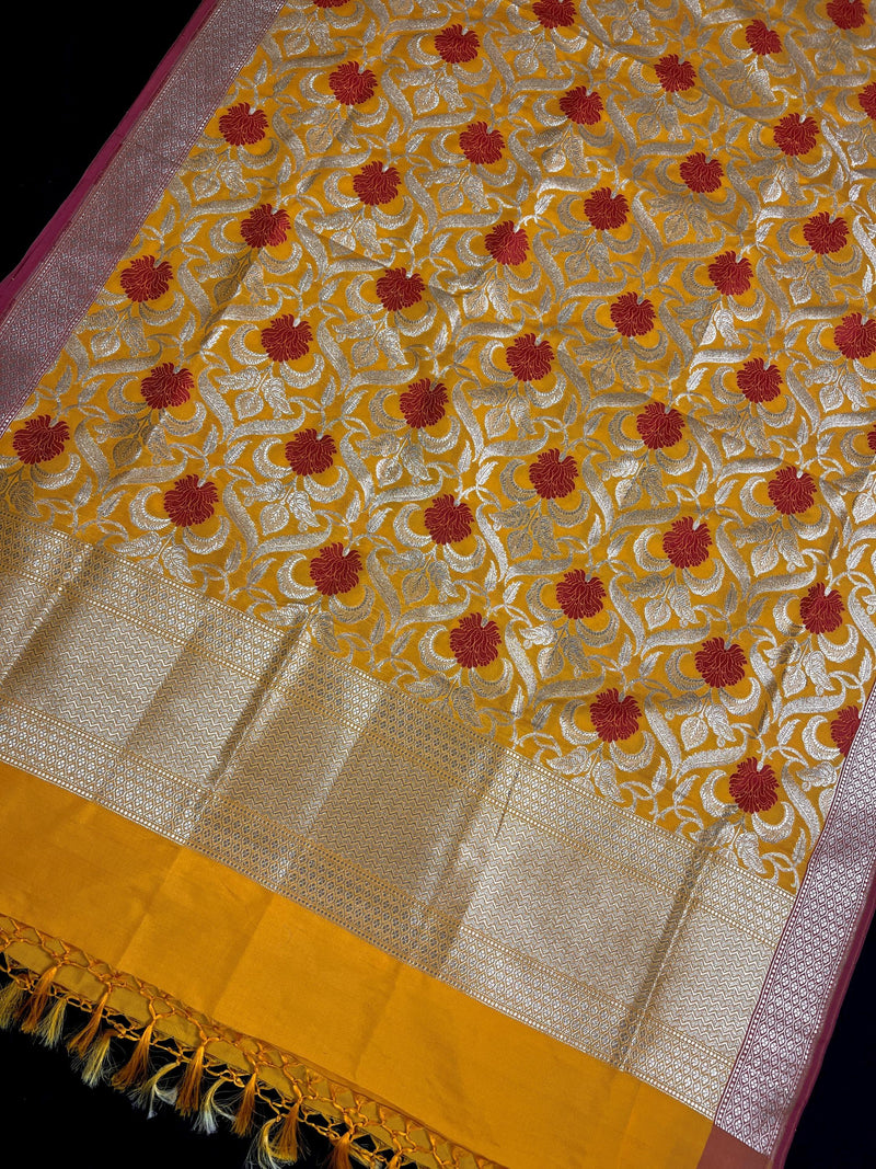 Mustard Yellow Color Floral Jaal Banarasi Silk Dupatta | Meenakari Red Color Flowers with Grand Borders | Floral Dupatta | Benarasi Dupatta - Kaash