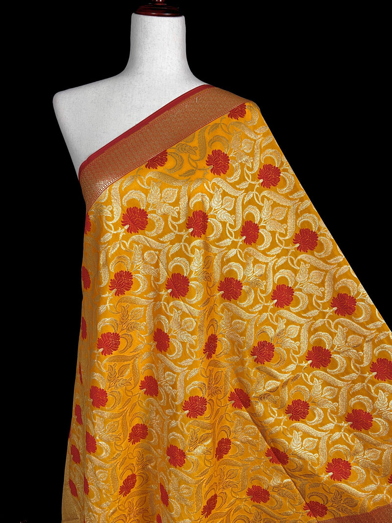 Mustard Yellow Color Floral Jaal Banarasi Silk Dupatta | Meenakari Red Color Flowers with Grand Borders | Floral Dupatta | Benarasi Dupatta - Kaash