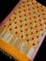 Mustard Yellow Color Floral Jaal Banarasi Silk Dupatta | Meenakari Red Color Flowers with Grand Borders | Floral Dupatta | Benarasi Dupatta - Kaash
