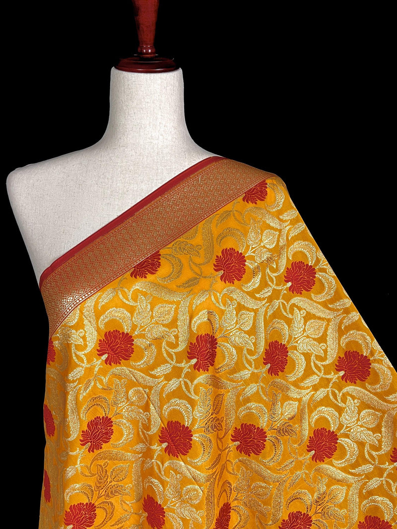 Mustard Yellow Color Floral Jaal Banarasi Silk Dupatta | Meenakari Red Color Flowers with Grand Borders | Floral Dupatta | Benarasi Dupatta - Kaash