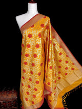 Mustard Yellow Color Floral Jaal Banarasi Silk Dupatta | Meenakari Red Color Flowers with Grand Borders | Floral Dupatta | Benarasi Dupatta - Kaash