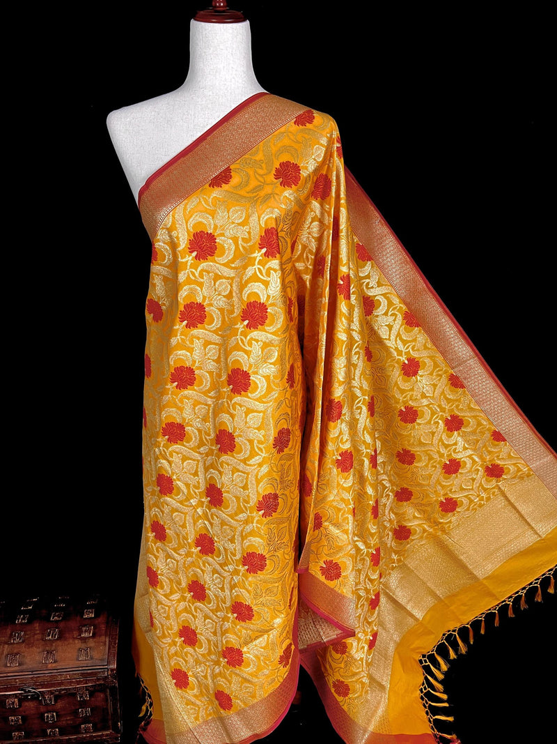 Mustard Yellow Color Floral Jaal Banarasi Silk Dupatta | Meenakari Red Color Flowers with Grand Borders | Floral Dupatta | Benarasi Dupatta - Kaash