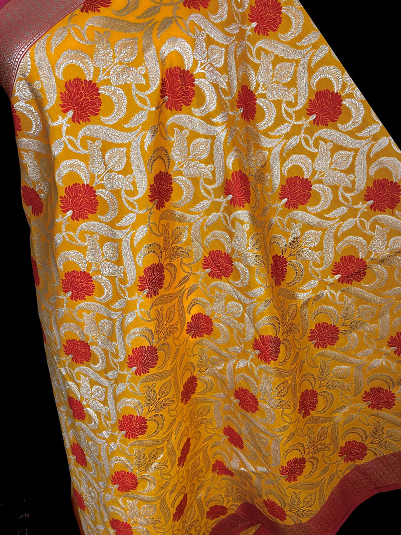 Mustard Yellow Color Floral Jaal Banarasi Silk Dupatta | Meenakari Red Color Flowers with Grand Borders | Floral Dupatta | Benarasi Dupatta - Kaash