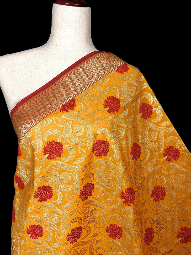 Mustard Yellow Color Floral Jaal Banarasi Silk Dupatta | Meenakari Red Color Flowers with Grand Borders | Floral Dupatta | Benarasi Dupatta - Kaash