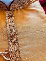 Mustard Yellow men's kurta pajama in raw silk with fancy buttons with lace work — Kaash Collection