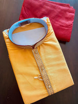 Mustard Yellow men's kurta pajama in raw silk with fancy buttons with lace work — Kaash Collection