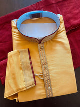 Mustard Yellow men's kurta pajama in raw silk with fancy buttons with lace work — Kaash Collection