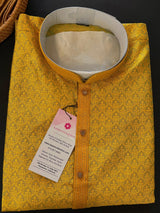 Mustard Yellow men's kurta pajama in soft raw silk with self-embroidered design — Kaash Collection